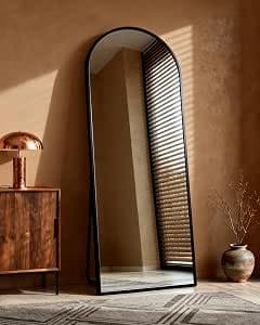 Large Full Body Mirror - 180 x 66 cm Curved Standing Mirror with Matte Black Aluminium Frame, for Door or Wall Mounting, Modern Design & Secure Packaging