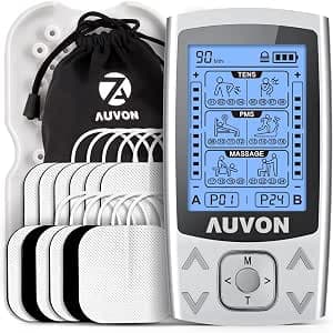 AUVON Dual Channel TENS EMS Unit 24 Modes Muscle Stimulator for Pain Relief, Rechargeable TENS Machine Massager with 12 Pads, ABS Pads Holder, USB Cable and Dust-Proof Storage Bag | 24 Modes Rechargeable TENS Machine Massager with 12 Pads, Drug-Free Pain Relief for Shoulder, Back, Muscle, ABS Pads Holder