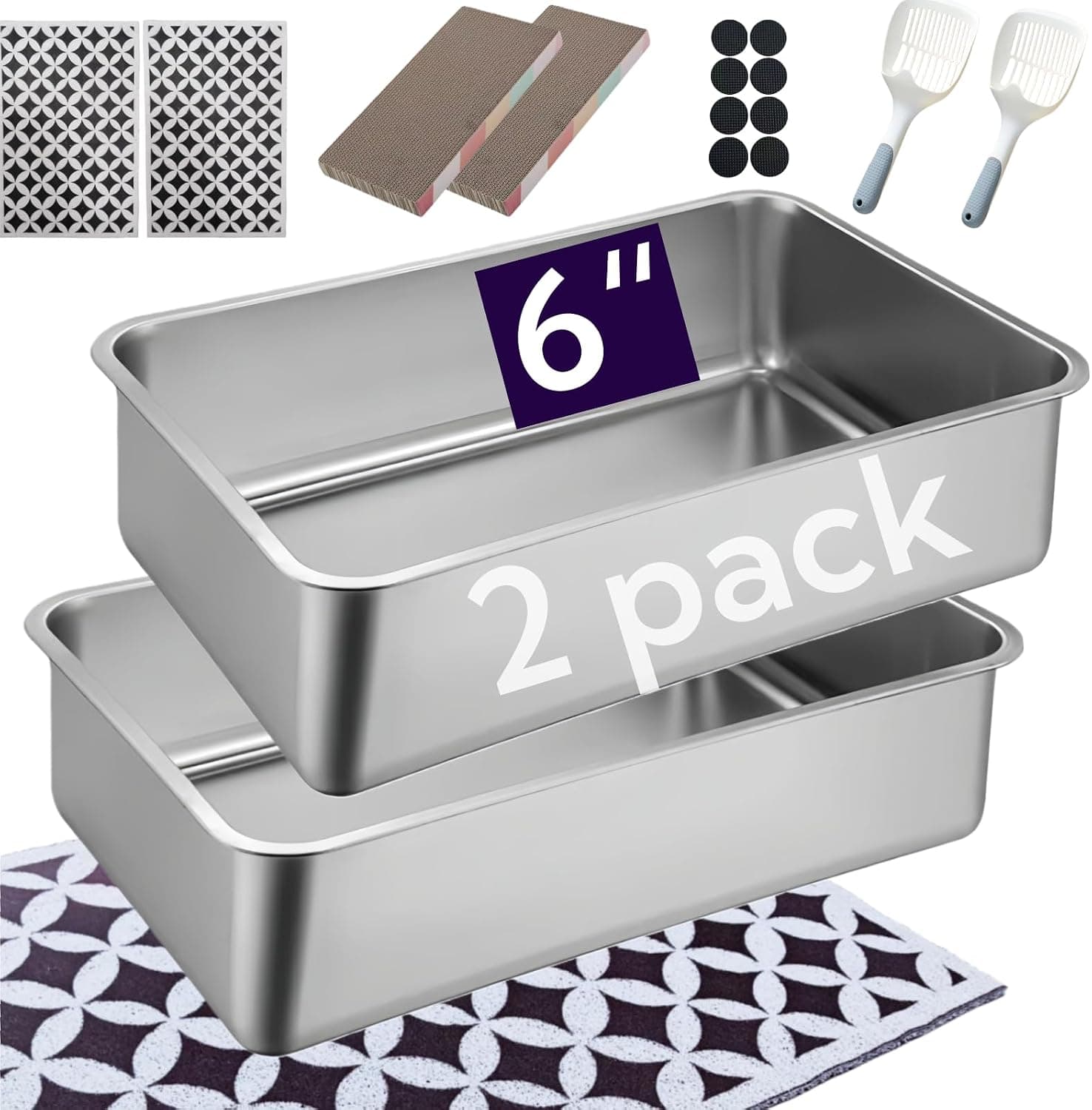 Stainless Steel Cat Litter Tray Set of 2 with High Rim, Odourless and Easy to Clean, Non-Slip Metal Tray for Cats and Small Animals, 50 cm x 35 cm x 15 cm