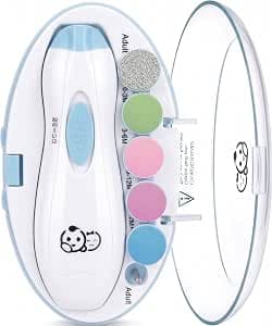 Royal Angels Upgraded 6 in 1 Baby Nail Trimmer with Labeled Case, 4 Colored Pads for Newborns to Toddlers, Whisper Quiet Electric Nail File with LED Light, Safe Manicure Set for Families (Babyblue)