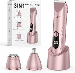 Women's Shaver, 3-in-1 Intimate Shaver for Women, Electric for Body Pubic and Nose Hair Trimmer, Wet and Dry Use, Rechargeable Trimmer (Rose Gold)