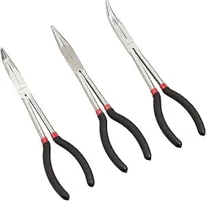 Amazon Basics Extra Long Reach Needle Nose Pliers Tool Set for Narrow Spaces, Versatile, 3-Piece, Black