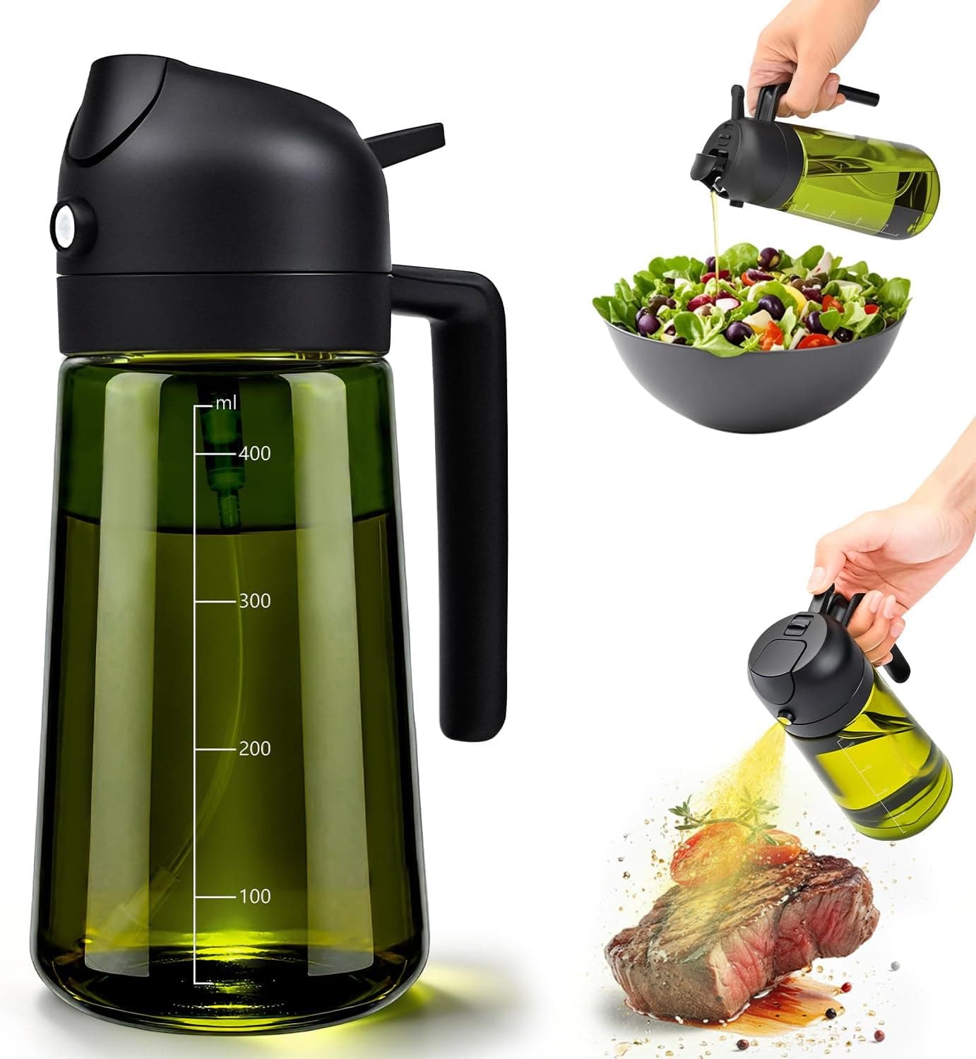 MRUN BONE 2 in 1 Oil Sprayer for Cooking Oil, UV Protection Spray Bottle Oil, 470 ml Cooking Oil Sprayer, Oil Pourer for Hot Air Fryer, Spray Oil, for Cooking, Grilling, Kitchen, Hot Air Fryer