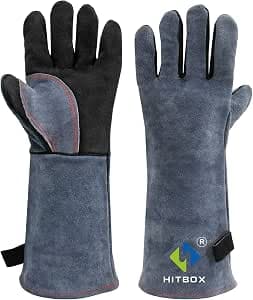HITBOX Extreme Heat & Fire Resistant Gloves with Kevlar Stitching 16 ‘’ 932℉ Leather Fire Gloves for Arc Tig Mig Wood Stove Oven BBQ Grill Pot Holder Barking Animal Handling – Free Size for Men Women