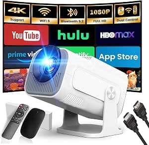[Built-in App] 2026 Upgraded Video Projector 1920 x 1080P FHD 4K Mini Portable Dual Control WiFi 6 BT5.2 Auto Keystone 180° Rotation Compatible with HDMI/TV Stick/USB, White
