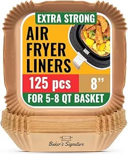 Air Fryer Paper Liners, 125Pcs Air Fryer Disposable Liners, Non-Stick and Oil Proof for Easy Cleanup, 8” Square for 5-8 qt Basket by Baker's Signature
