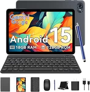 T80 Android 15 Tablet with Keyboard - 18GB RAM + 128GB ROM (2TB TF), Tablet 10 Inches, 6000mAh, 5MP + 2MP, Gemini AI, 5G WiFi, GPS, Face ID