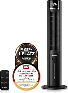 Brandson Tower Fan with Water Cooling ECO Design - Very Quiet - DC Motor - Sieger Fans and Air Cooler 2026 - Fan with Air Cooler - Oscillation - Remote Control