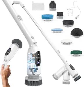 Electric Spin Scrubber, Cordless Cleaning Brush, 3H Work Time, Bathroom Scrubber with LED Display, 3-Speed Extendable Handle, IPX7 Waterproof, 8 Brush Heads for Shower, Tile, Tub, Floor, Toilet, Grout