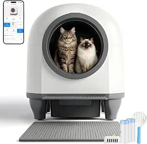 Devoko Cat Litter Tray Self-Cleaning, 90 L Self-Cleaning Cat Litter Tray with Low Entry/Large Space/Odour Remover, App Controlled Cat Litter Tray with Safety Sensor Including Cat Mat