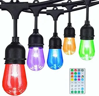 Commercial Grade 48FT LED Outdoor String Lights with Remote Control - 15 Shatterproof Bulbs Waterproof Color Changing Christmas Lights, Dimmable for Patio, Garden, Wedding Decor