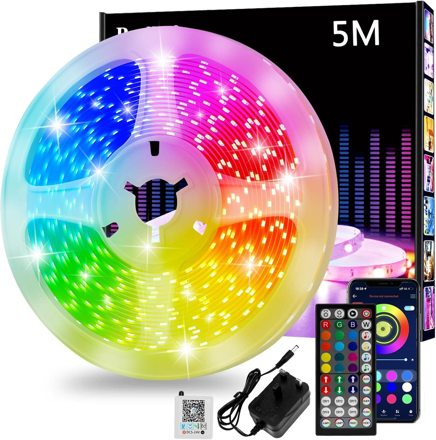 Realky Led Strip Light 5m, Cuttable RGB Led Lights with Smart App Control Remote, Music Sync Colour Changing for Bedroom, Gaming Room, Kitchen, Home Decoration