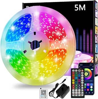 Realky Led Strip Light 5m, Cuttable RGB Led Lights with Smart App Control Remote, Music Sync Colour Changing for Bedroom, Gaming Room, Kitchen, Home Decoration