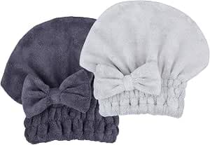 Microfiber Hair Drying Caps Makeup Hats Moisture Wicking Extreme Soft & Ultra Absorbent Fast Drying One Size Great Gift for Women and Girls (Darkgrey+Gray)