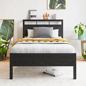 Twin Bed Frame with Storage Headboard,Metal Platform Bed Frames Twin Size Mattress Foundation No Box Spring Needed,Heavy Duty Steel Slat,Large Under Bed Storage,Noise Free,Black
