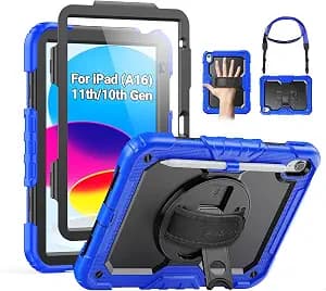 SEYMAC Case for iPad (A16) 11th/10th Generation 2025/2022 (11″/10.9″), Sturdy Heavy Duty Full-Body Shockproof Protective Case with Screen Protector, Rotating Stand, Hand/Shoulder Strap, Black/Blue