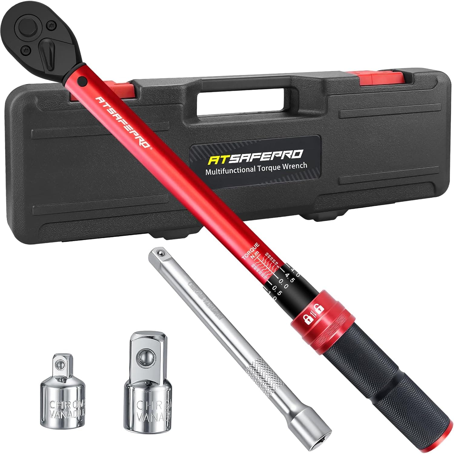 ATsafepro 3/8 Zoll Drehmomentschlüssel Set,5–60 Nm,mit 3/8" auf 1/4"&1/2" Stecknuss Adapter & 15 cm Verlängerung,±3% Genauigkeit,Umkehrbarer Ratschenkopf,für Auto,Fahrrad,Motorrad,Heimwerken