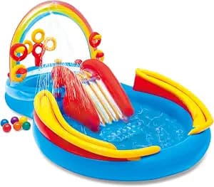 Intex 57453EP 9.75 Foot x 6.3 Foot x 53 Inch Multicolor Rainbow Slide Kids Inflatable Pool with Water Slide and Ring Toss for Children Ages 2 and Up