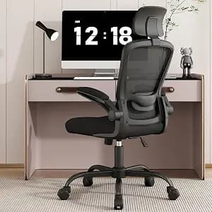 Ergonomic Office Chair for Long Hours & Back Pain Relief – Desk Chair with Adjustable Lumbar Support & Headrest, High-Density Foam Cushion, Flip-Up Armrests, Perfect for Work & Study (Dark Black)