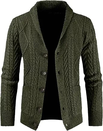 JMIERR Men's Casual Wool Blend Cardigan Sweaters Long Sleeve Shawl Collar Buttons Down Cable Knit Sweater