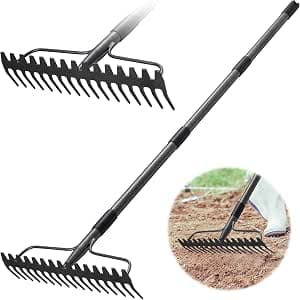 Bow Rake, Metal Rake with 17 Tines, Heavy Duty Garden Rake 124 cm with Stainless Steel Handle, Grey