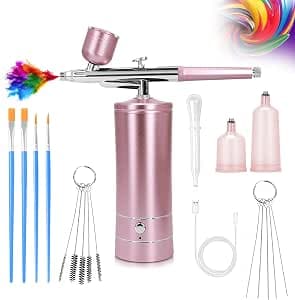 Airbrush Kit Air Brush Kit with Air Compressor Nail Charms Wireless Air Brush for Barber, Nail Art,Makeup, Model Painting (Pink)