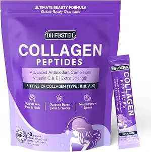 DRFOSTER Collagen-Peptides-Powder-Packets - Multi Type I II III V X Collagen for Women with Antioxidant Blend + Vitamin C & E for Skin, Hair, Nail & Joint, Non-GMO, 30 Stick Packs