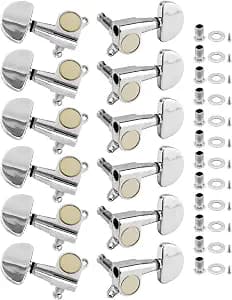 QWORK 3L3R Guitar Tuning Pegs, 12 PCS Knob Tuning Key, Guitar Machine Heads, for Electric or Acoustic Guitars, Electroplated Silver