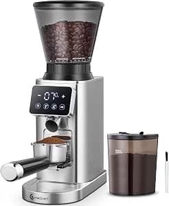 AMZCHEF Conical Burr Coffee Grinder, Anti-Static Burr Mill with Precision Timer & LED Touchscreen, 48 Grind Settings, for Espresso, Drip, Pour Over, Cold Brew & French Press, Metallic Silver