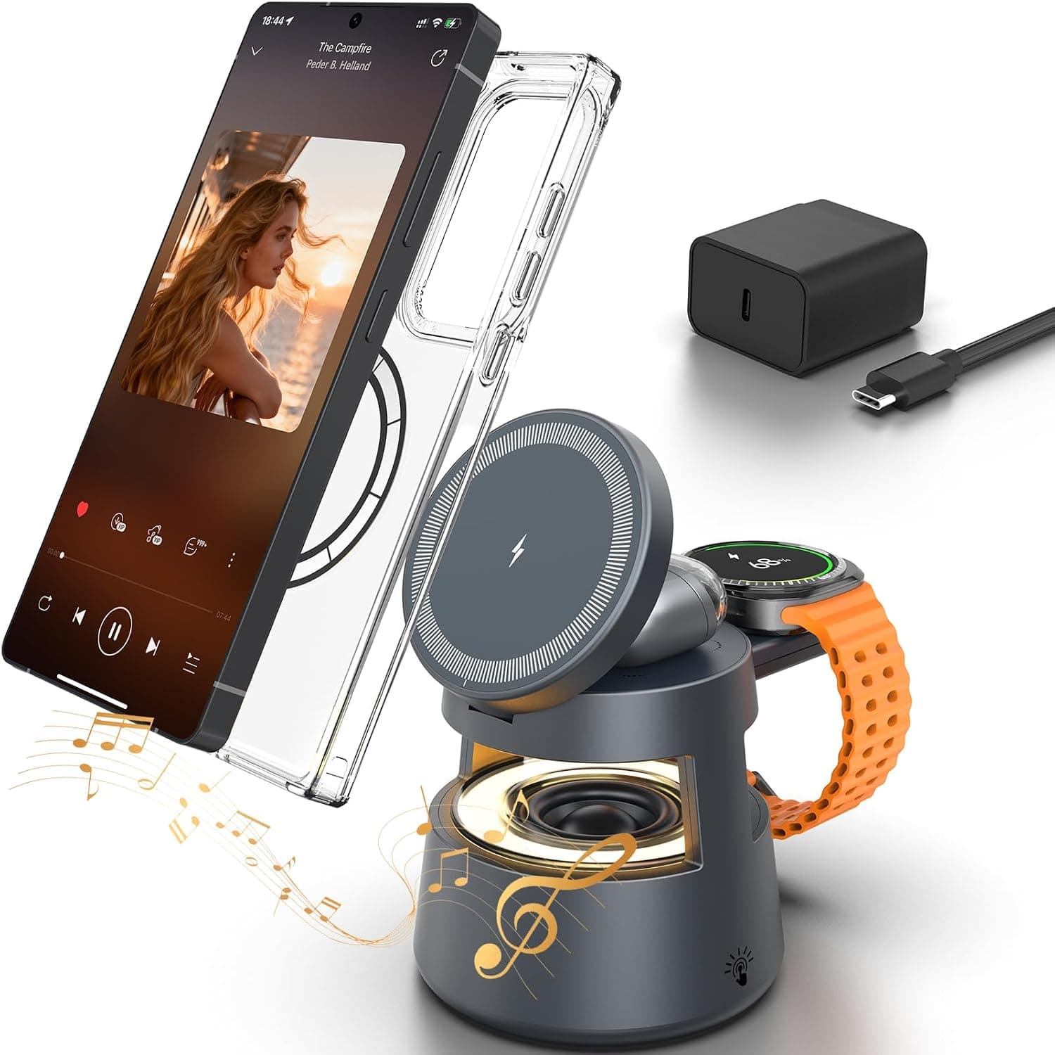 5 in 1 Magnetic Wireless Charger for Samsung, Magnetic Charging Station for Samsung Galaxy S26/S25 Ultra/Z Fold7/Flip, Watch 8/Ultra/7/6/5, Galaxy Buds 4/3 Pro, with Blueooth Speaker and Night Light