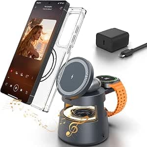 5 in 1 Magnetic Wireless Charger for Samsung, Magnetic Charging Station for Samsung Galaxy S26/S25 Ultra/Z Fold7/Flip, Watch 8/Ultra/7/6/5, Galaxy Buds 4/3 Pro, with Blueooth Speaker and Night Light