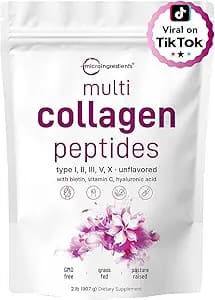 Micro Ingredients Multi Collagen Peptides Powder, 2lb – Hydrolyzed Type I,II,III,V,X with Biotin 10000mcg, Hyaluronic Acid, Vitamin C – Unflavored Collagen for Women & Men, Easy Dissolve, 82 Servings