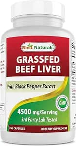 Best Naturals Grass Fed Beef Liver Capsules 4500mg 250 Count - Desiccated Supplement - Energy Production, Detoxification, Digestion, Immunity - Added Black Pepper Extract for Maximum Absorption.