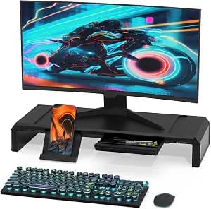 Heymaster Monitor Stand Riser, Foldable Computer Monitor Riser, Adjustable Length Computer Stand, Desk Shelf Riser with Storage Drawer &Tablet Phone Stand for Desktop, Laptop