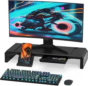 Monitor Stand Riser, Foldable Computer Monitor Riser, Adjustable Length Computer Stand, Desk Shelf Riser with Storage Drawer &Tablet Phone Stand for Desktop, Laptop