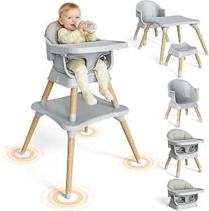 10-in-1 Baby High Chair Convertible Wooden Toddler Seat with Detachable PU Fabric Cover, Adjustable Tray, and 5-Point Safety Harness – Tool-Free Assembly, Suitable for 6 Months to 3 Years(Wood)
