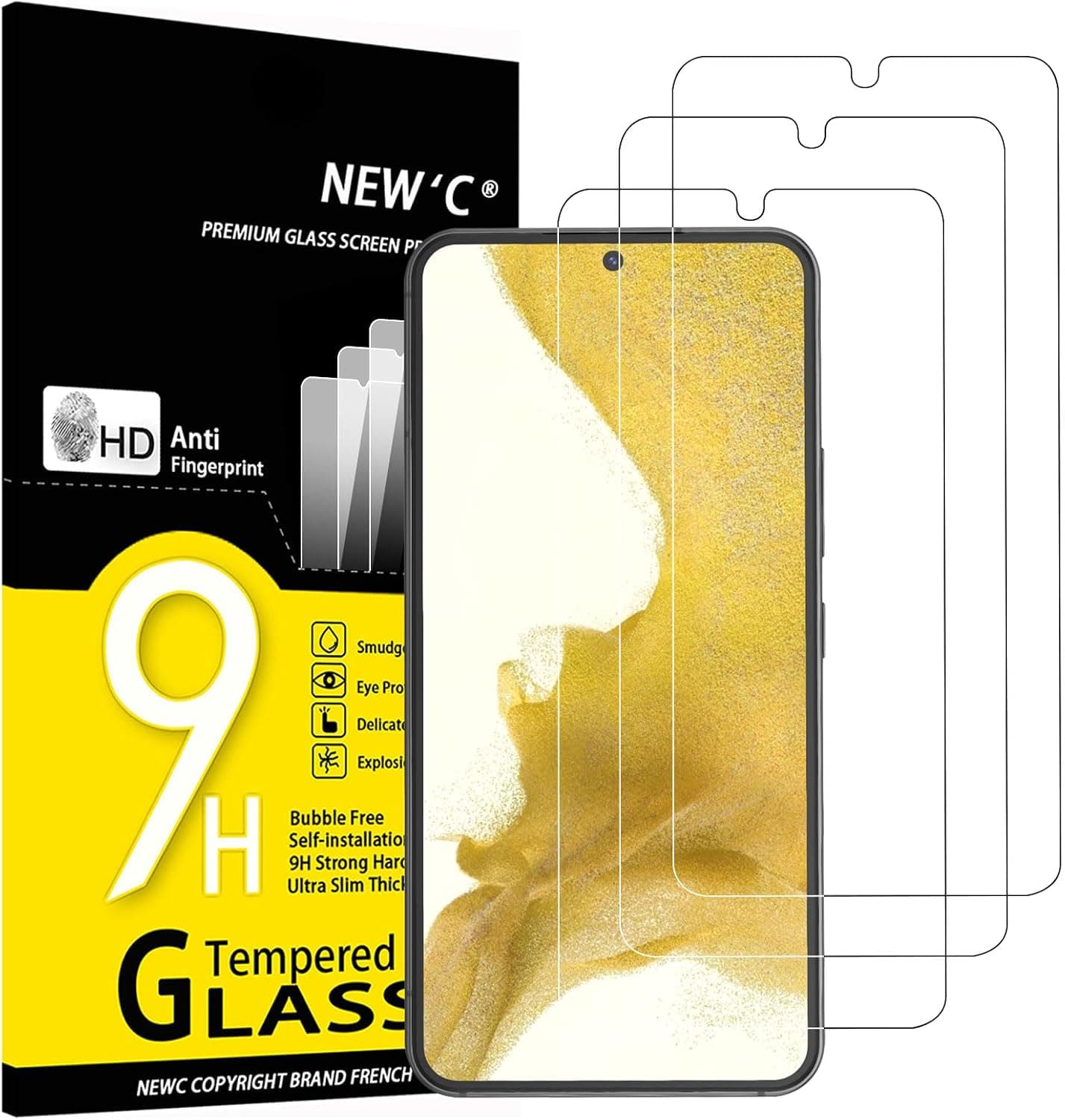 NEW'C Tempered Glass Screen Protector for Samsung Galaxy S22 5G, Free from Scratches, 9H Hardness, HD Screen Protector, 0.26 mm Ultra Clear, Ultra Resistant, Pack of 3