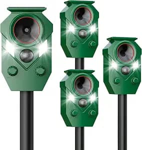 4 Pack Solar Deer Repellent Devices with Motion Sensor & LED Lights, Waterproof Cat Repellent Outdoor, Ultrasonic Animal Repeller Repels Dog, Raccoon, Skunk, Coyote for Garden, Yard & Lawn