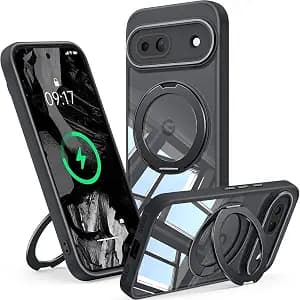 【360° Spin Magnetic Stand】 Case for Google Pixel 8A 【Fit for MagSafe & Pixelsnap】 Cover with Ring Holder 【No-Yellow Crystal Clear】 Camera Protection Phone Google Pixel 8A Case - Black