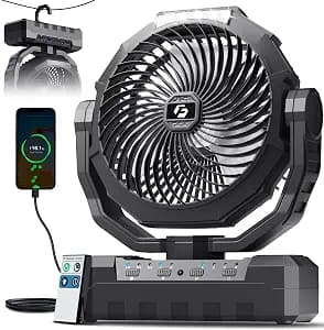 FRIZCOL 3-in-1 Camping Fan - Portable Fans Rechargeable - 24000mAh Battery Powered Fan with Light & Remote for Indoor, Outdoor, Tent, Travel, Fishing, Jobsite, Gifts for Men Dad Him - Black