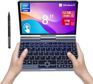 Mini Laptop 8 inch HD Touchscreen Portable, Win 11 Pro Small Gaming Laptop, N100 12 GB LPDDR5 512 GB M.2 SSD, Wi-Fi 6, BT 5.2 2 MP Camera, G-Sensor, HDMI, Type C (ZXLH-P8-12GB-1TB)
