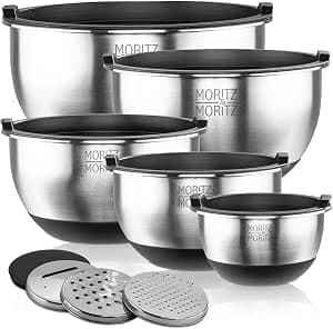 Moritz & Moritz 5 Piece Stainless Steel Bowl Set with Lids - Non Slip Stackable Bowls for Mixing, Serving & Baking, Stackable Salad Bowls, Durable Kitchen Bowls for Daily Use