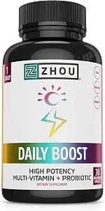 Zhou Daily Boost - Probiotic Multivitamin for Women & Men, Immune Support, Antioxidant & Eye Health Supplement with Vitamin A, Vitamin C, Biotin & Folate for Adults - 30 Veggie Capsules
