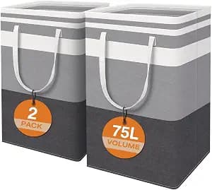 TINGHONG 2-Pack Large Collapsible Laundry Baskets - 75L Freestanding Waterproof Hampers with Reinforced Handles for Clothes, Toys, and More - Ideal for Dorms and Family Use (Gradient Grey)