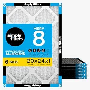 Simply 20x24x1 Air Filter, Merv 8, 6 Pack, For Home AC Furnace & HVAC (Actual Size: 19.75"x23.75"x0.75") DUST, Pet, & Allergy Control