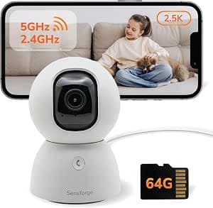 Sensforge 2.5K Indoor Pan-Tilt Dome Security Camera, AI Human & Pet Detection, 360° Coverage, Two-Way Audio, Dual-Band Wi-Fi (2.4G/5G), 64GB SD Card Included, No Monthly Fees (1, White)