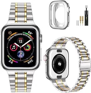 MioHHR Solid Stainless Steel Band Compatible with Apple Watch 46mm (Series 11 10), Metal Strap with Soft TPU Case for iWatch Series 11/10 46mm Women and Men, Silver/Gold