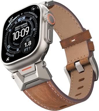 Genuine Leather Strap Compatible for Apple Watch Ultra 3 Straps 49mm 46mm 45mm 44mm 42mm,Men Rugged Band with Metal Connector for iWatch Ultra Series 11 10 9 8 7 6 5 4 3 2 1 SE