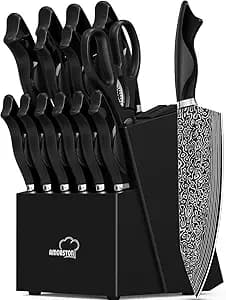 Knife Set, 15 Pieces Kitchen Knife Set with Built in Sharpener, High Carbon German Stainless Steel Knife Block Set, Dishwasher Safe, Fathers Day Gift for Men