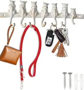 Comfify 7 Cats Wall Hook Rack – Decorative Vintage Design with 7 Hooks – Cast Iron – Wall Mounted – 12"x4" – White